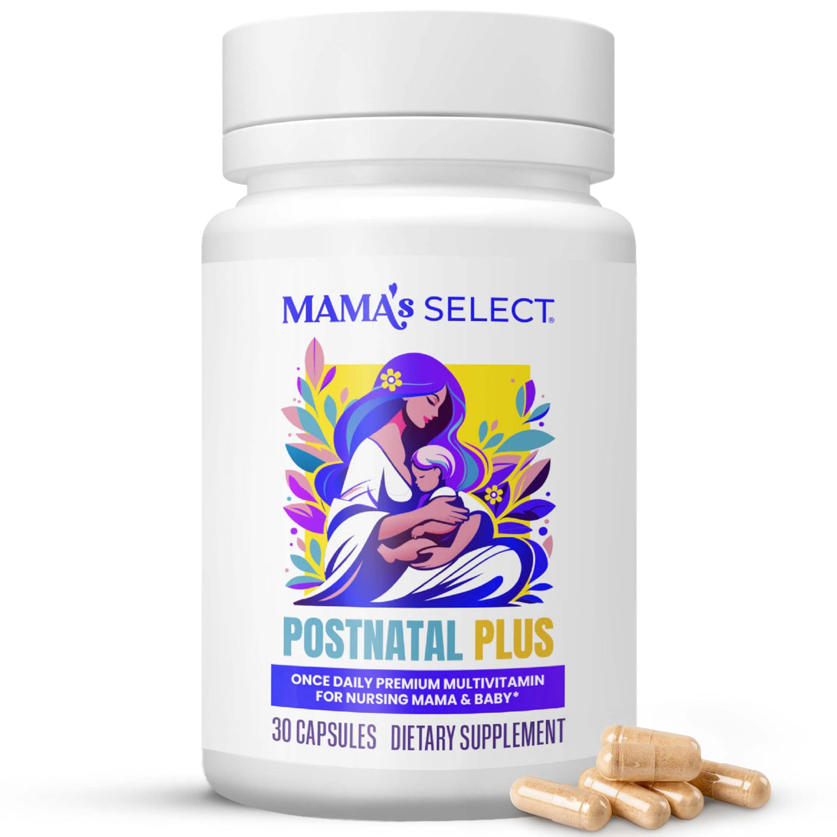 Mama's Select Postnatal Vitamins bottle front showing easy daily capsules for postpartum support