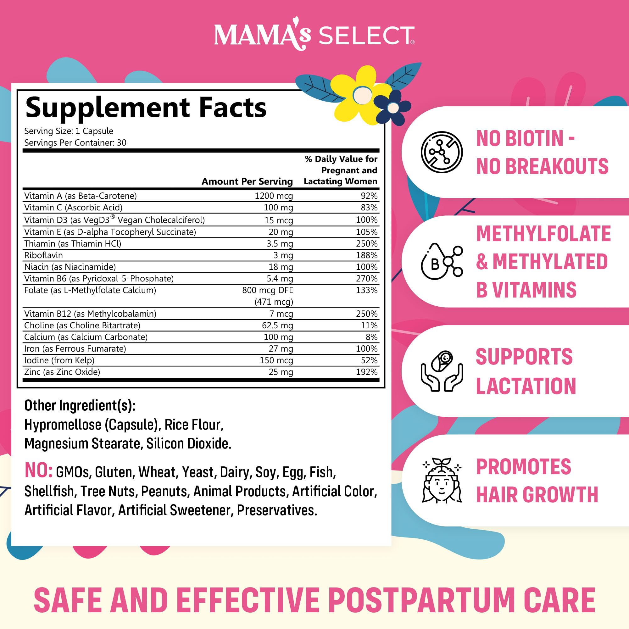 Closeup of Mama's Select Postnatal Vitamins capsules highlighting methylfolate and B vitamins