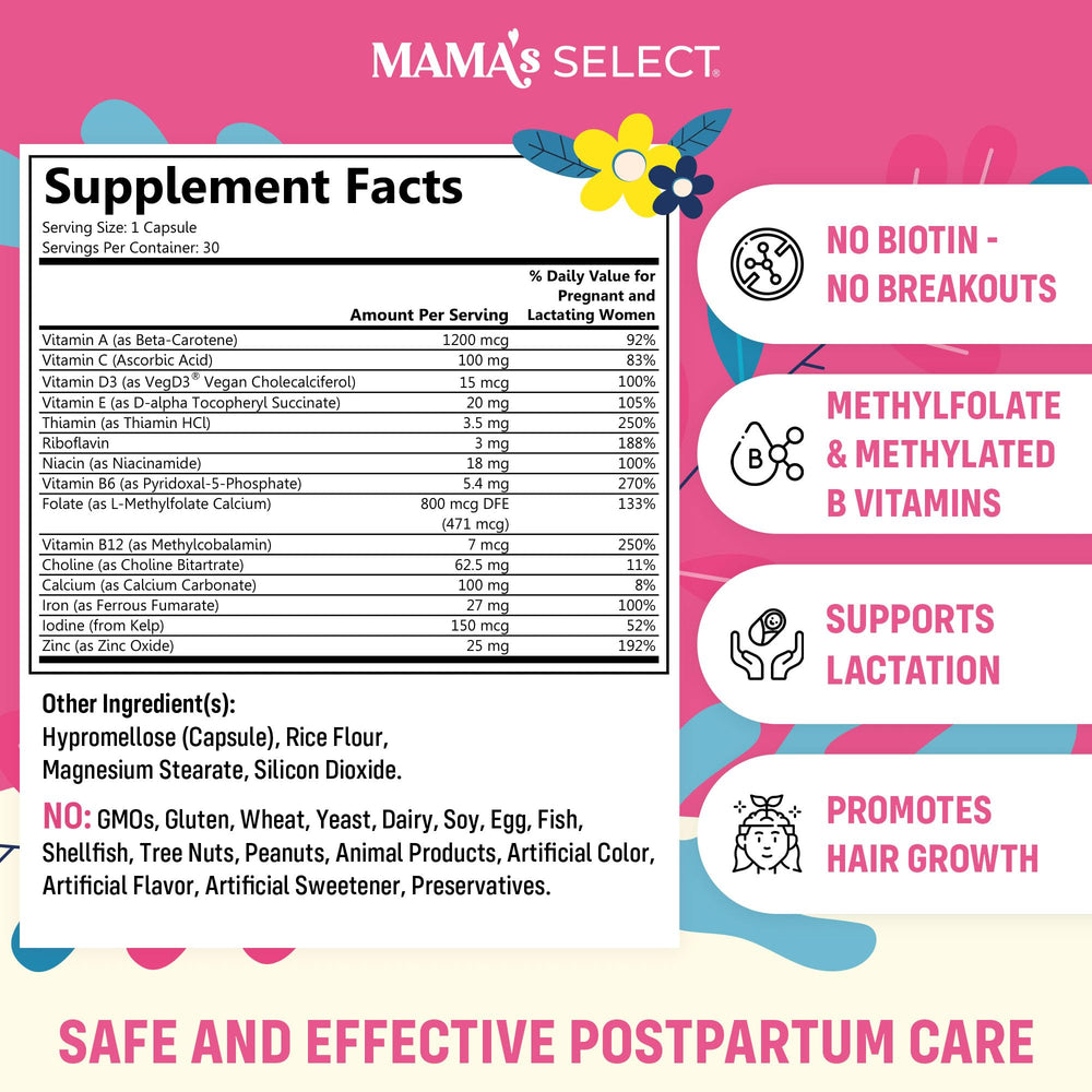 Closeup of Mama's Select Postnatal Vitamins capsules highlighting methylfolate and B vitamins