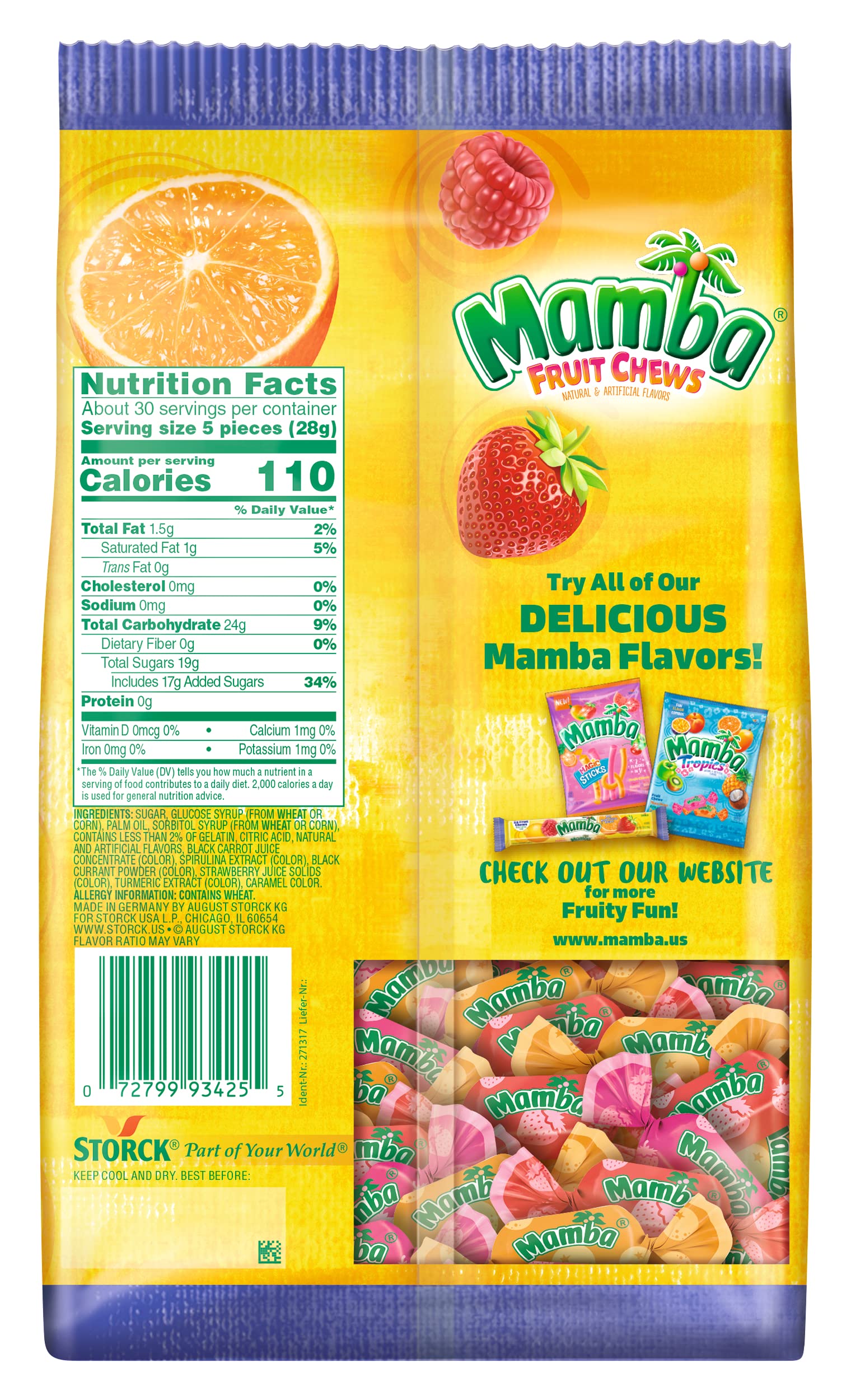 Mamba Fruit Chews four-flavors label shows Strawberry, Raspberry, Lemon, and Orange varieties