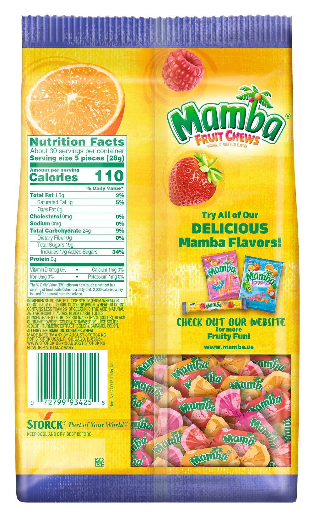 Mamba Fruit Chews four-flavors label shows Strawberry, Raspberry, Lemon, and Orange varieties