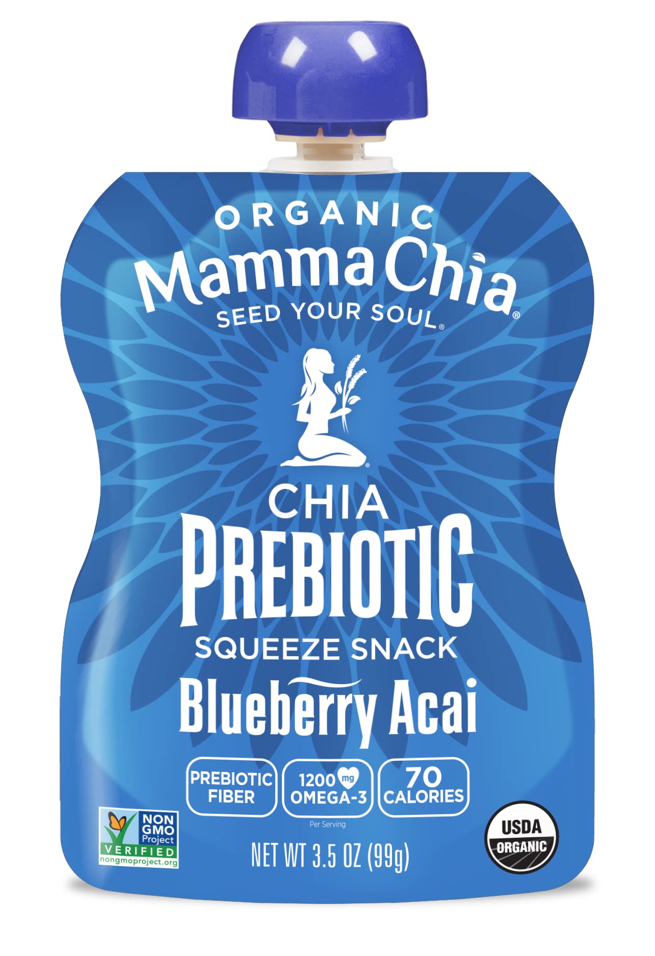 Six-pack display of squeeze pouches highlighting organic, vegan, gluten-free attributes