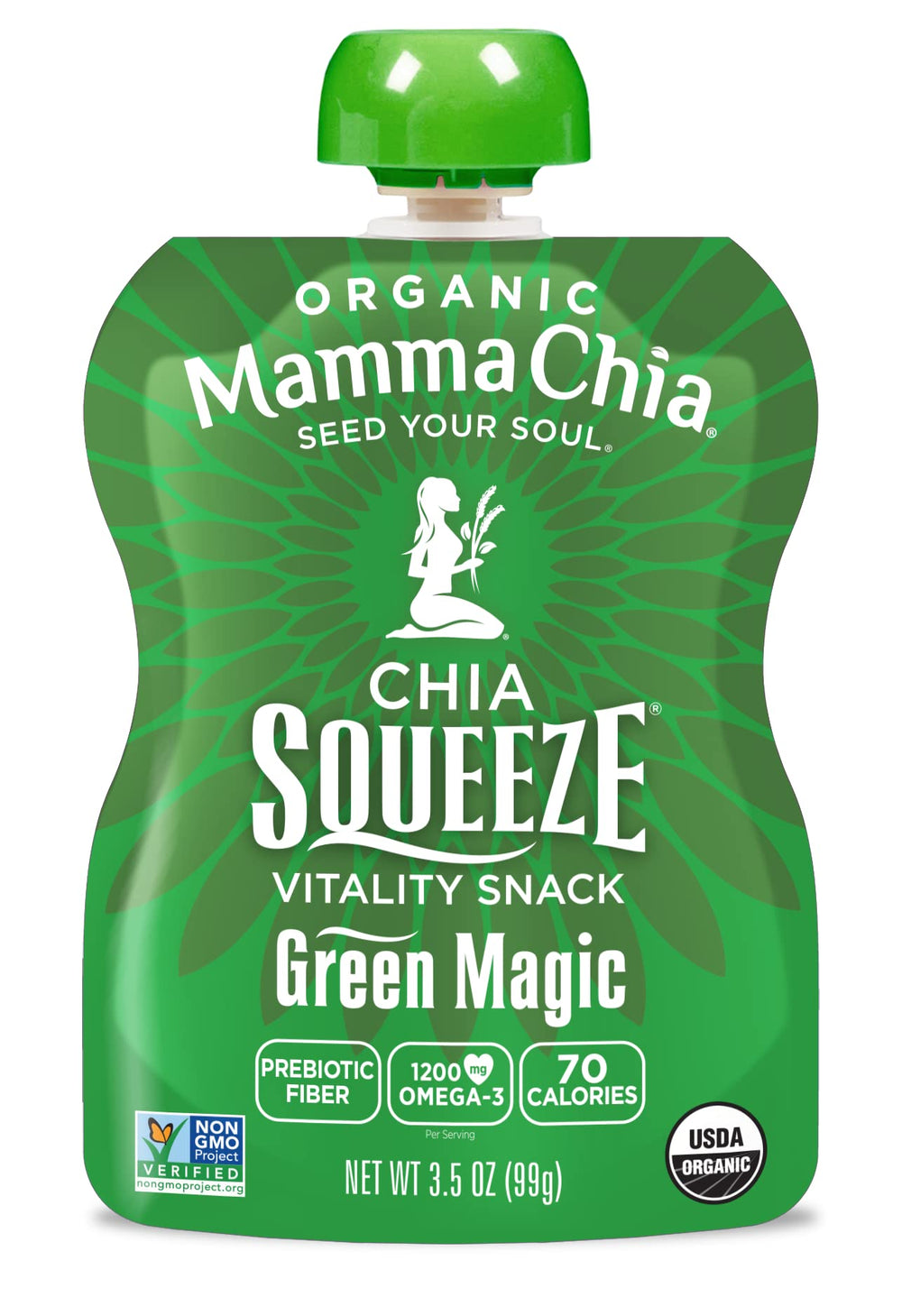 Banana and mango flavors with chia in Green Magic product imagery.
