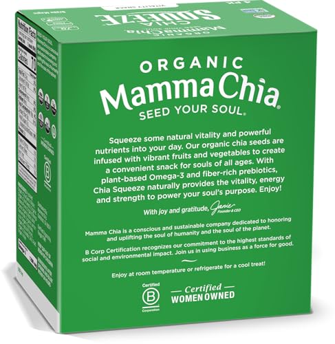 Illustration of kale, spirulina, chlorella with Mamma Chia Green Magic branding.