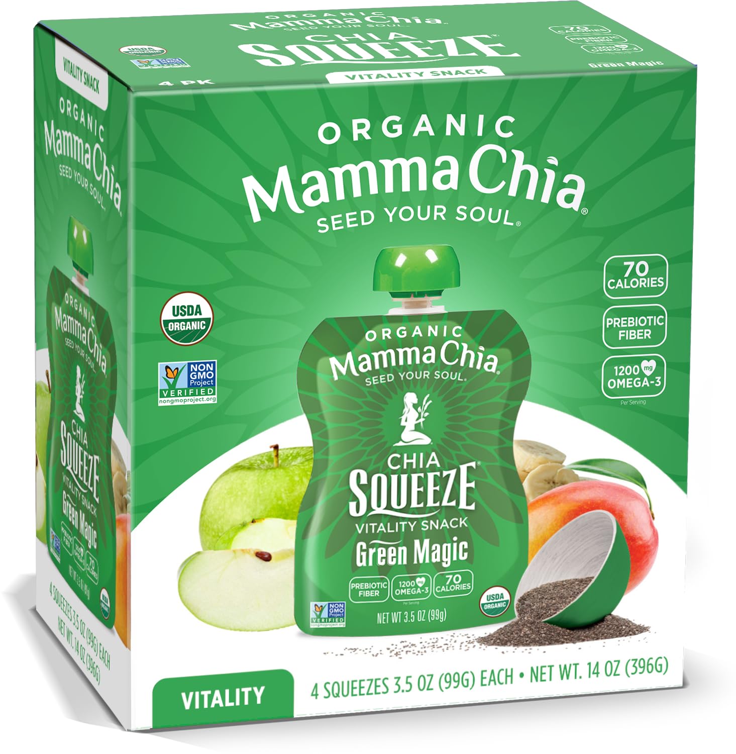 Mamma Chia Green Magic packaging shows a colorful on-the-go snack.