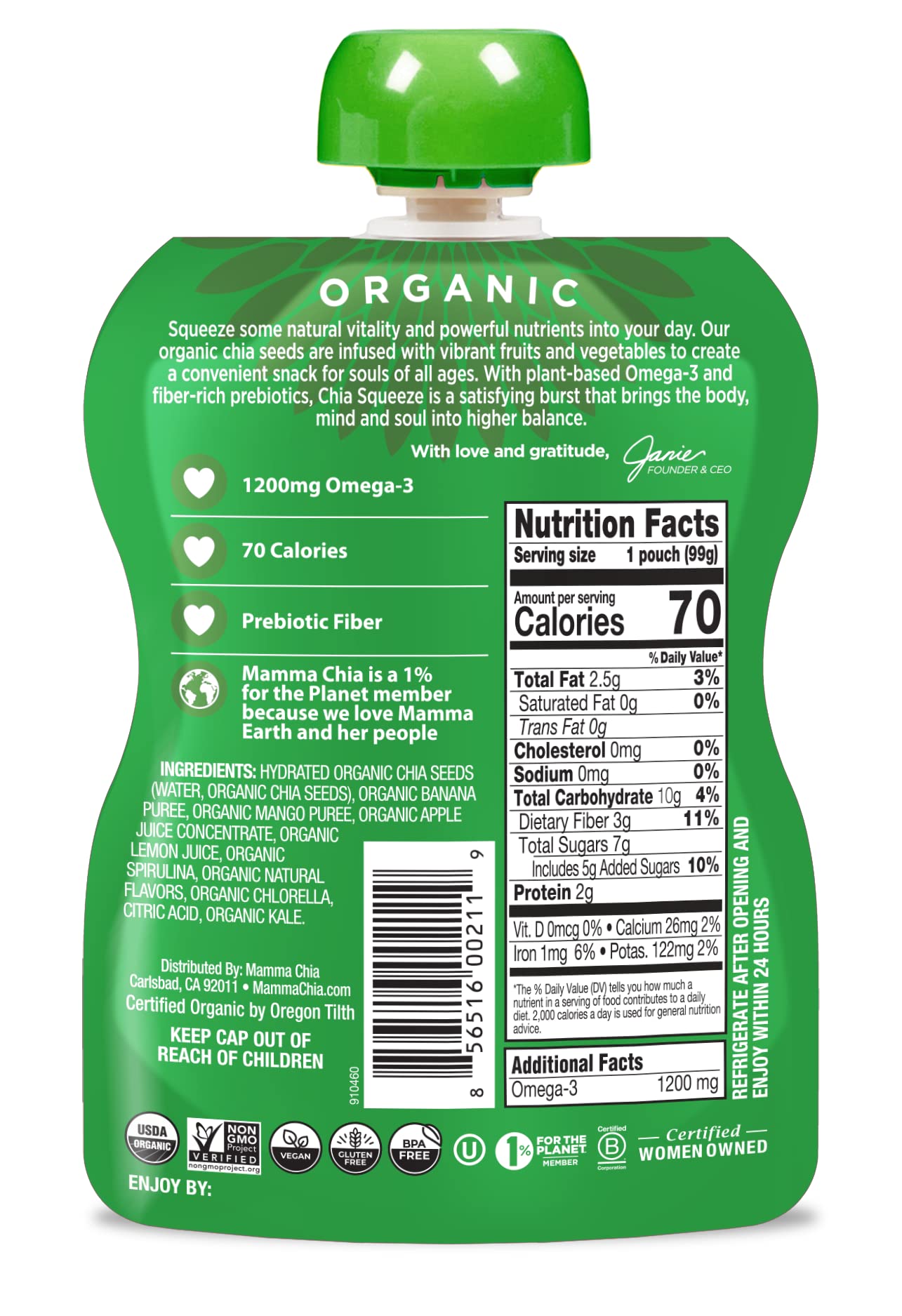 Mamma Chia Green Magic pouches arranged for easy lunchbox snacking.
