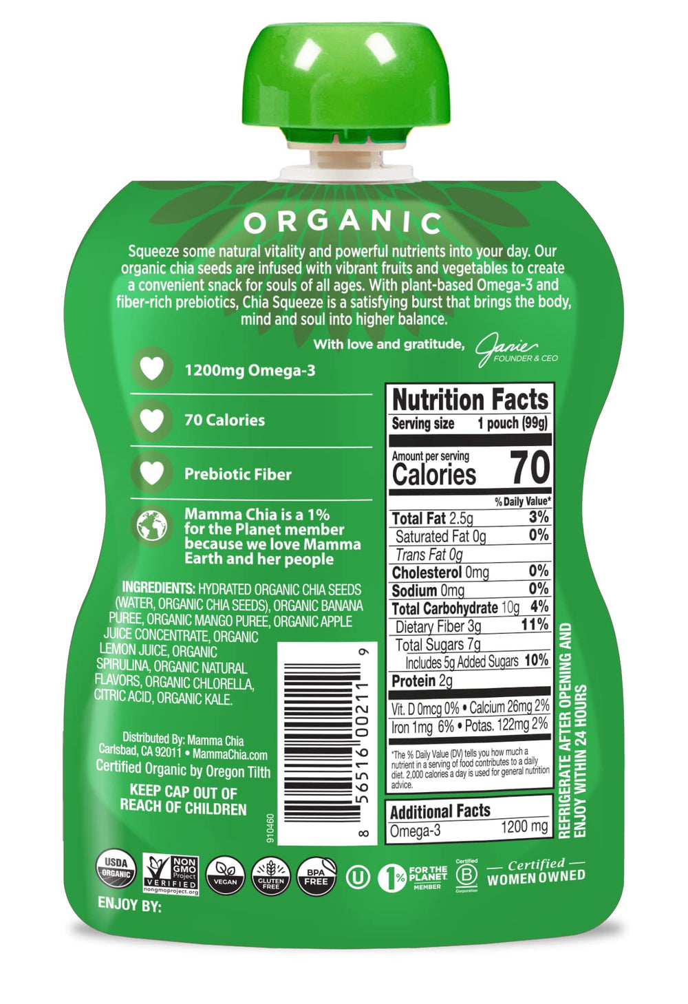 Mamma Chia Green Magic pouches arranged for easy lunchbox snacking.