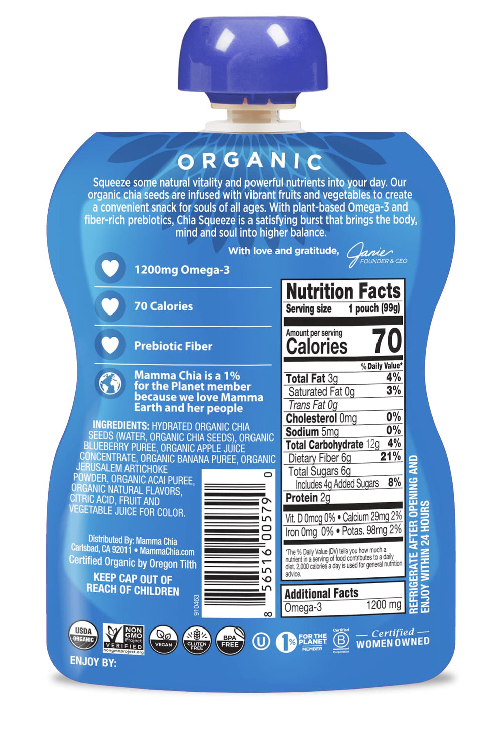 Mamma Chia Organic Prebiotic Squeeze pouch open with vibrant blueberry acai flavors for quick fueling