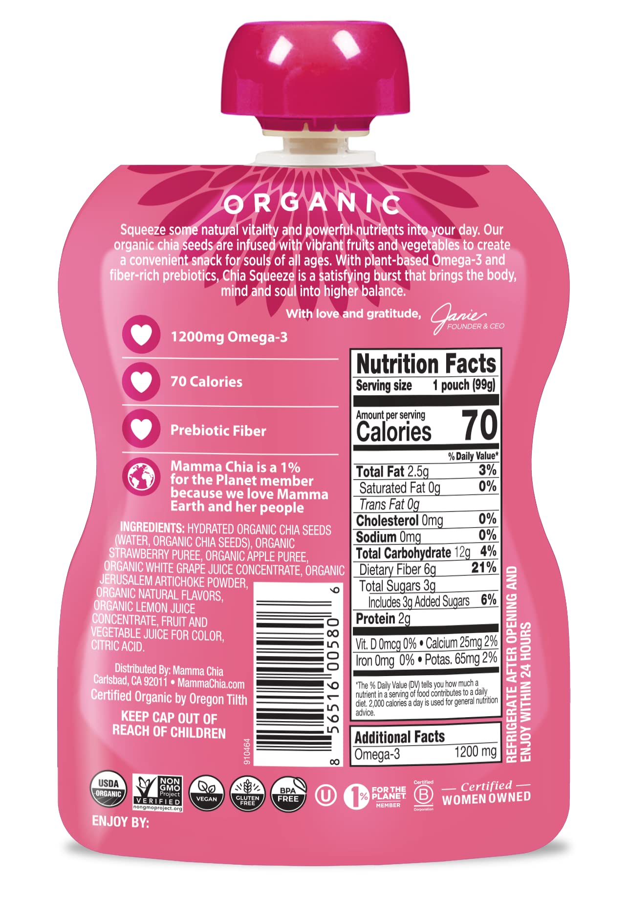 Back label of Mamma Chia pouch shows USDA Organic and vegan certifications.