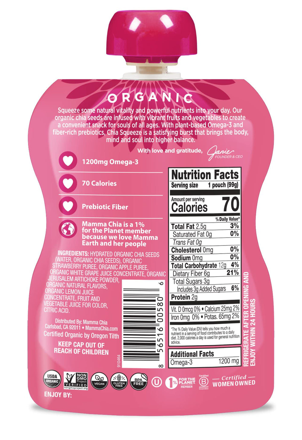 Back label of Mamma Chia pouch shows USDA Organic and vegan certifications.