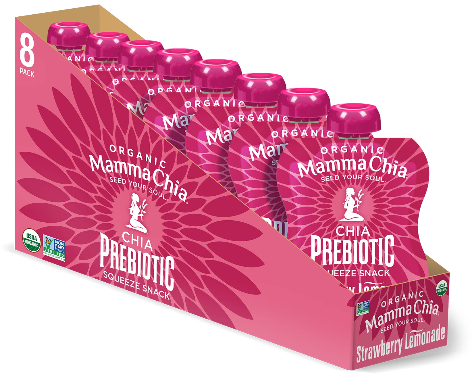 Mamma Chia Organic Prebiotic Squeeze Strawberry Lemonade pouch front, ideal for on-the-go fiber.