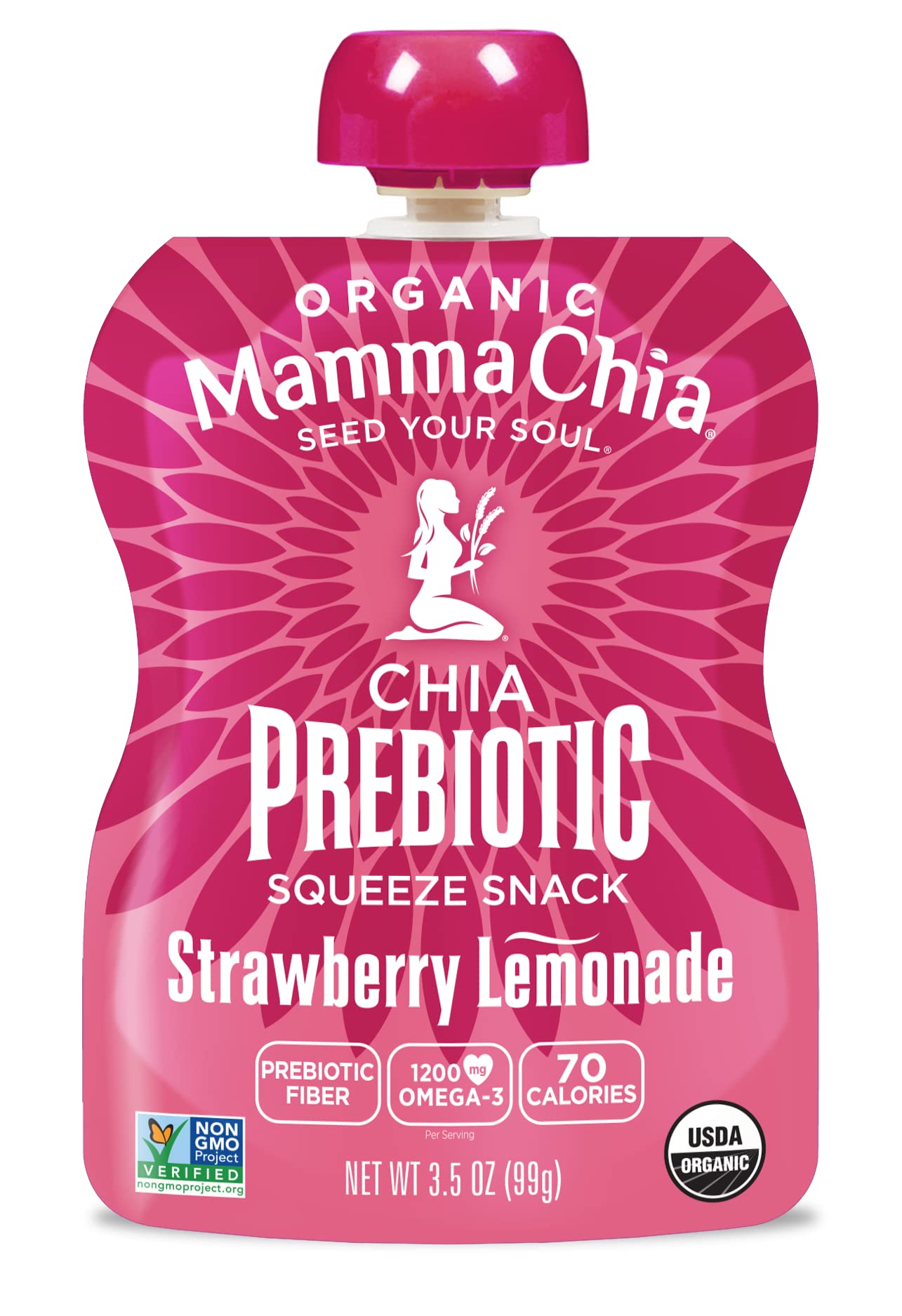 Side view of the Mamma Chia prebiotic squeeze pouch for convenient portability.