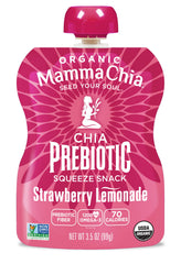 Side view of the Mamma Chia prebiotic squeeze pouch for convenient portability.