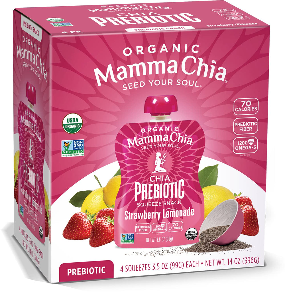 Mamma Chia Strawberry Lemonade Squeeze Snack in a 14 oz six-pack, ideal for on-the-go snacking.