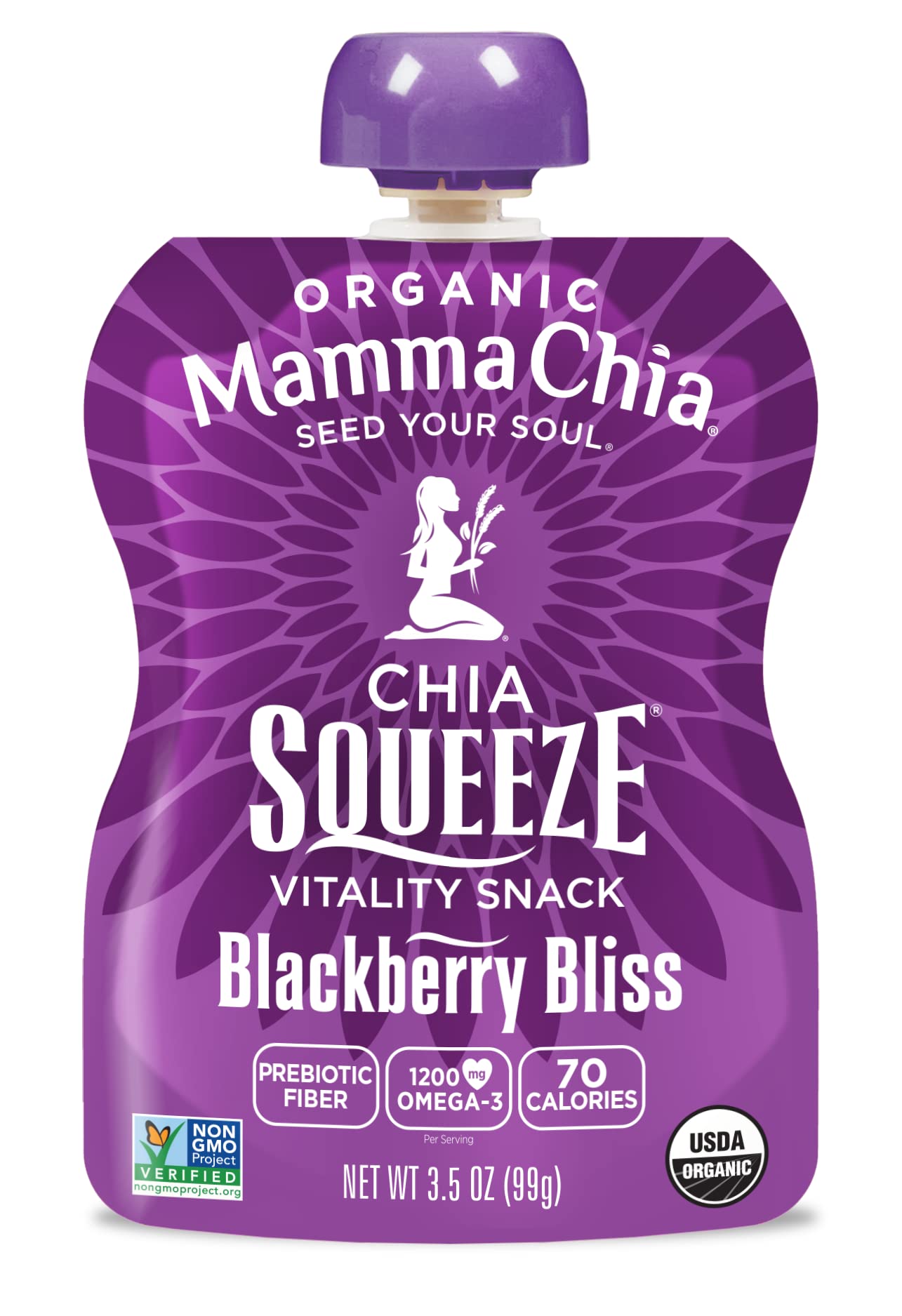 Mammachia Chia Squeeze Blackberry Bliss on-the-go snack in a portable pouch.