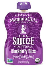 Mammachia Chia Squeeze Blackberry Bliss on-the-go snack in a portable pouch.