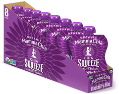 Mammachia Chia Squeeze Blackberry Bliss pouch for convenient on-the-go snacking.