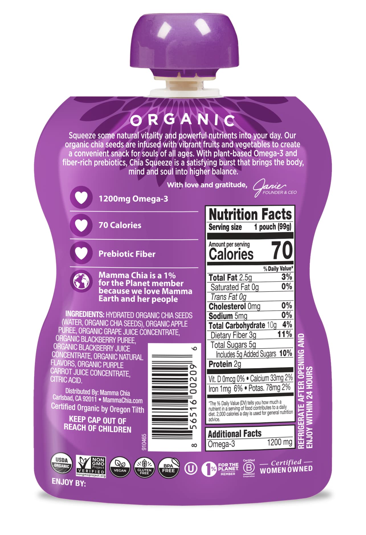 Mammachia Chia Squeeze Blackberry Bliss pour demonstrates easy, mess-free consumption.
