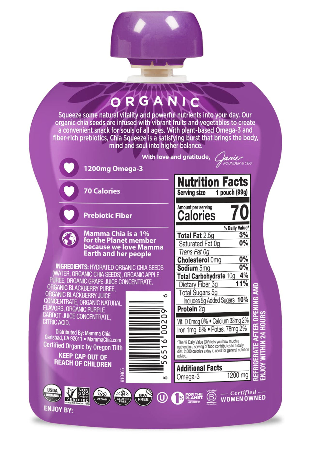 Mammachia Chia Squeeze Blackberry Bliss pour demonstrates easy, mess-free consumption.