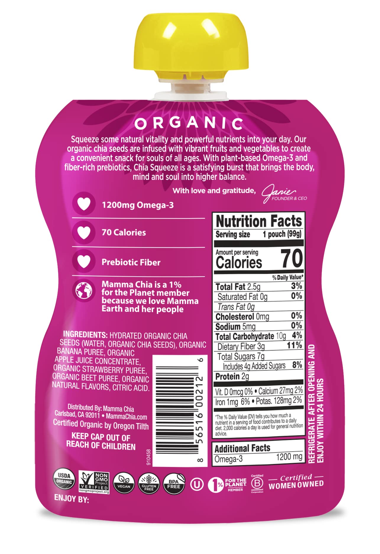 Mammachia Chia Squeeze strawberry banana pour showing smooth texture for on-the-go enjoyment.