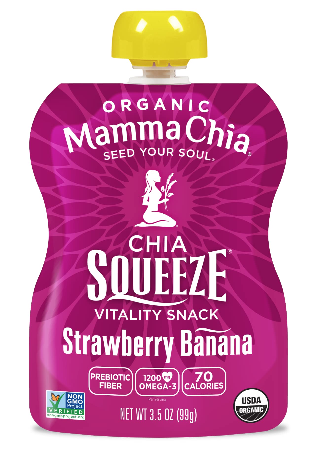 Mammachia Chia Squeeze strawberry banana on a spoon ready for a healthy bite.