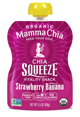 Mammachia Chia Squeeze strawberry banana on a spoon ready for a healthy bite.