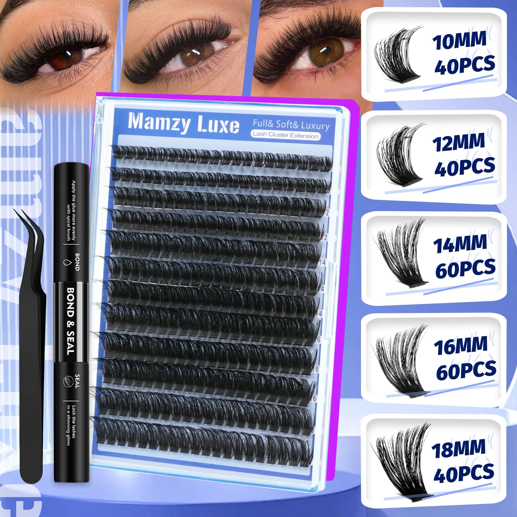 Mamzy Luxe 10-18mm cluster strips offering versatile length options.