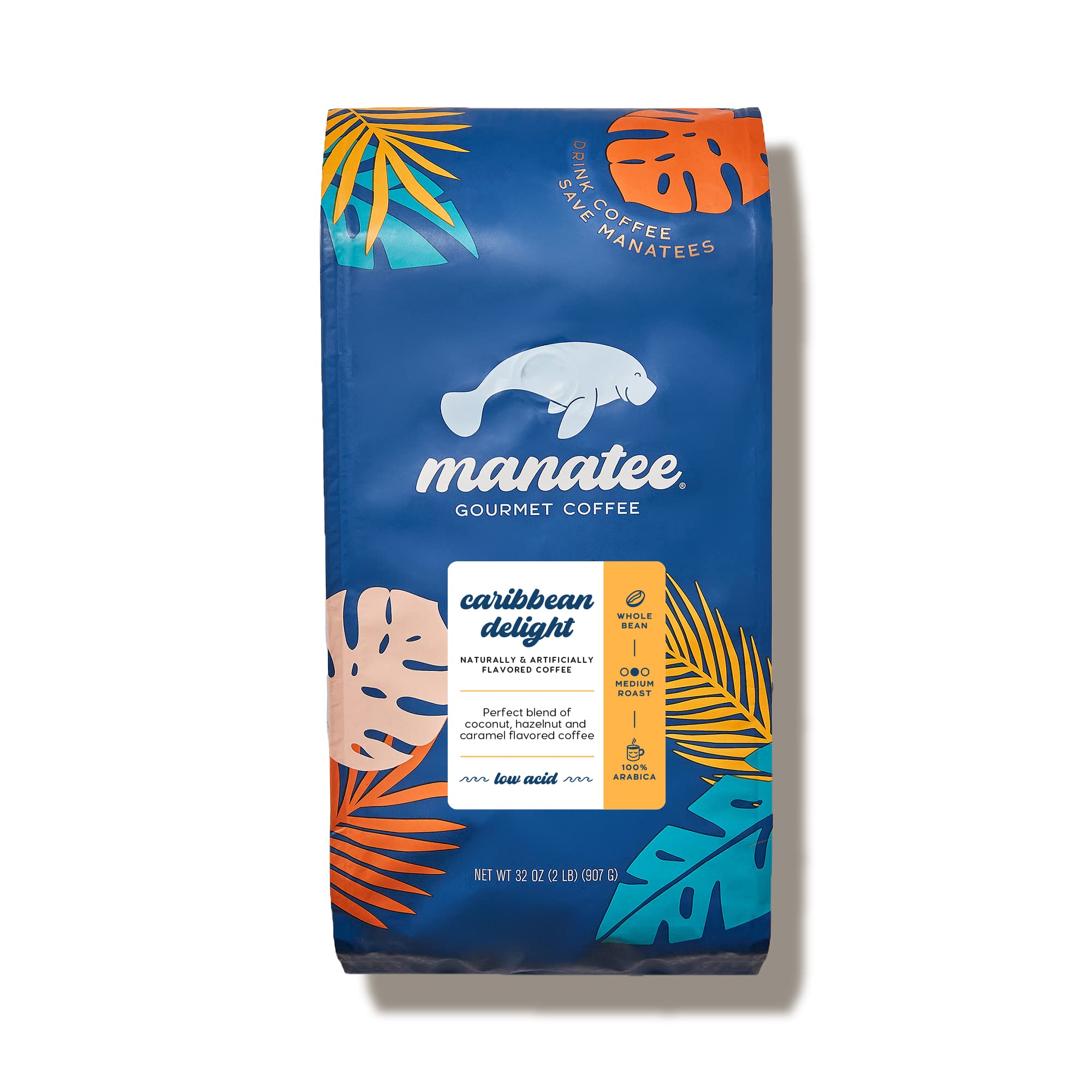 Manatee Gourmet Coffee Caribbean Delight bean bag for home brewing.