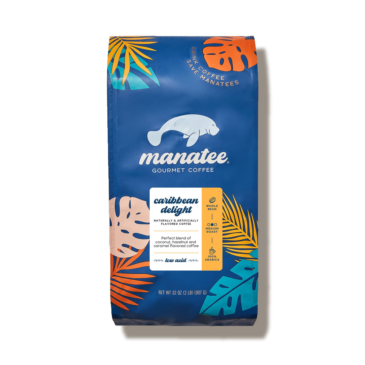 Manatee Gourmet Coffee Caribbean Delight bean bag for home brewing.