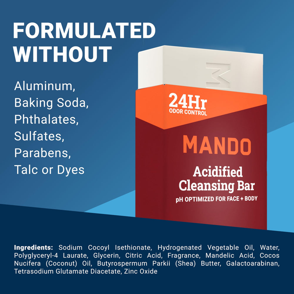 Mando Acidified Cleansing Bar bourbon-leather scent enhances the experience.