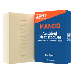 Mando Acidified Cleansing Bar delivers 24-hour odor control for active days.
