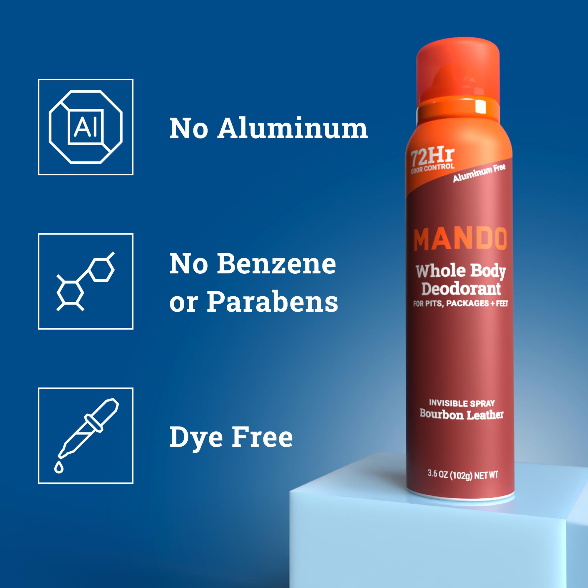 Mando Bourbon Leather icon signals aluminum-free and benzene-free formulation.
