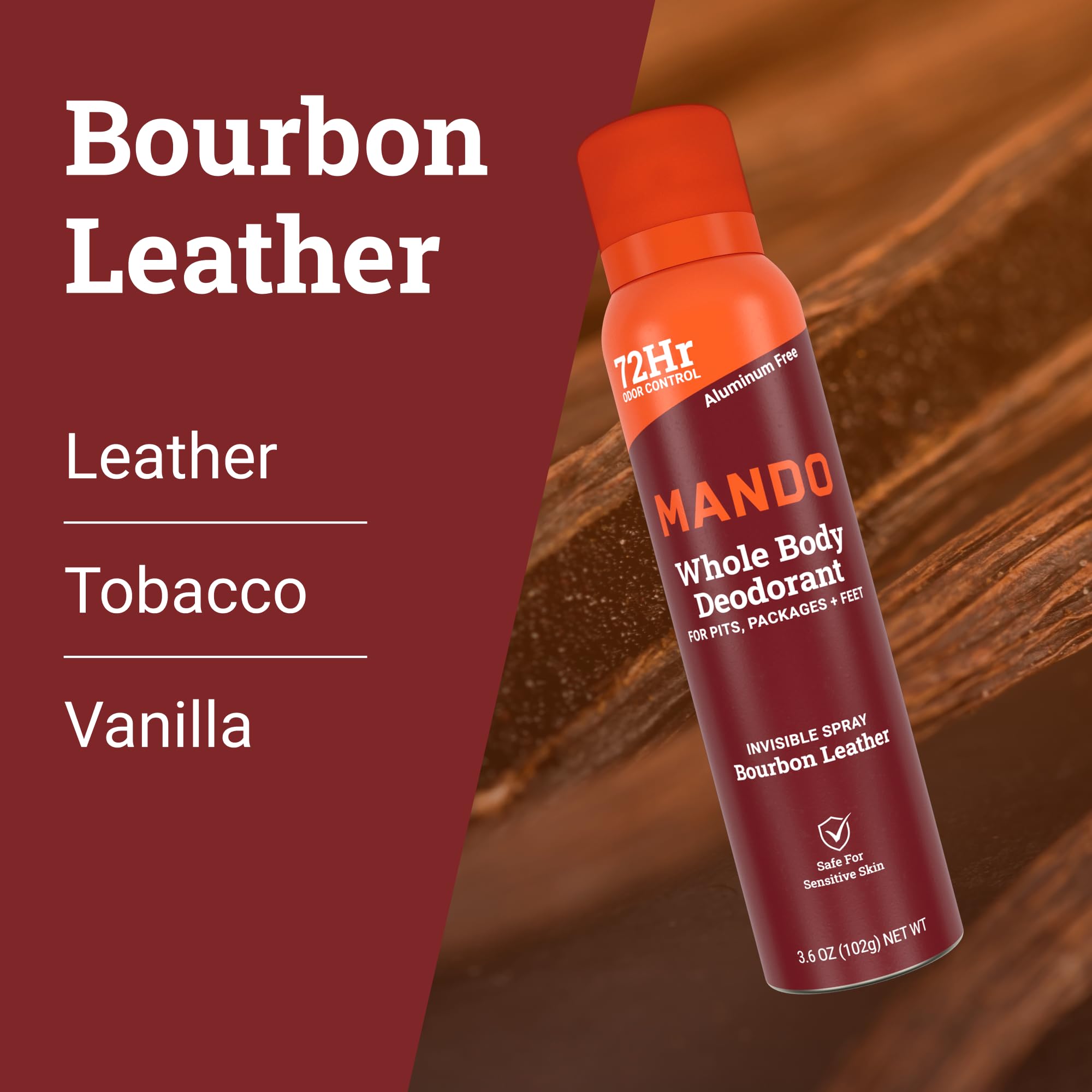 Mando Bourbon Leather packaging display highlights kit contents.