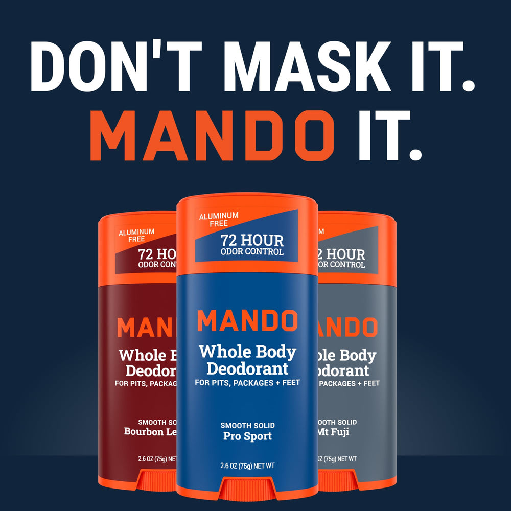 Mando deodorant sits on a bathroom shelf ready for daily use.