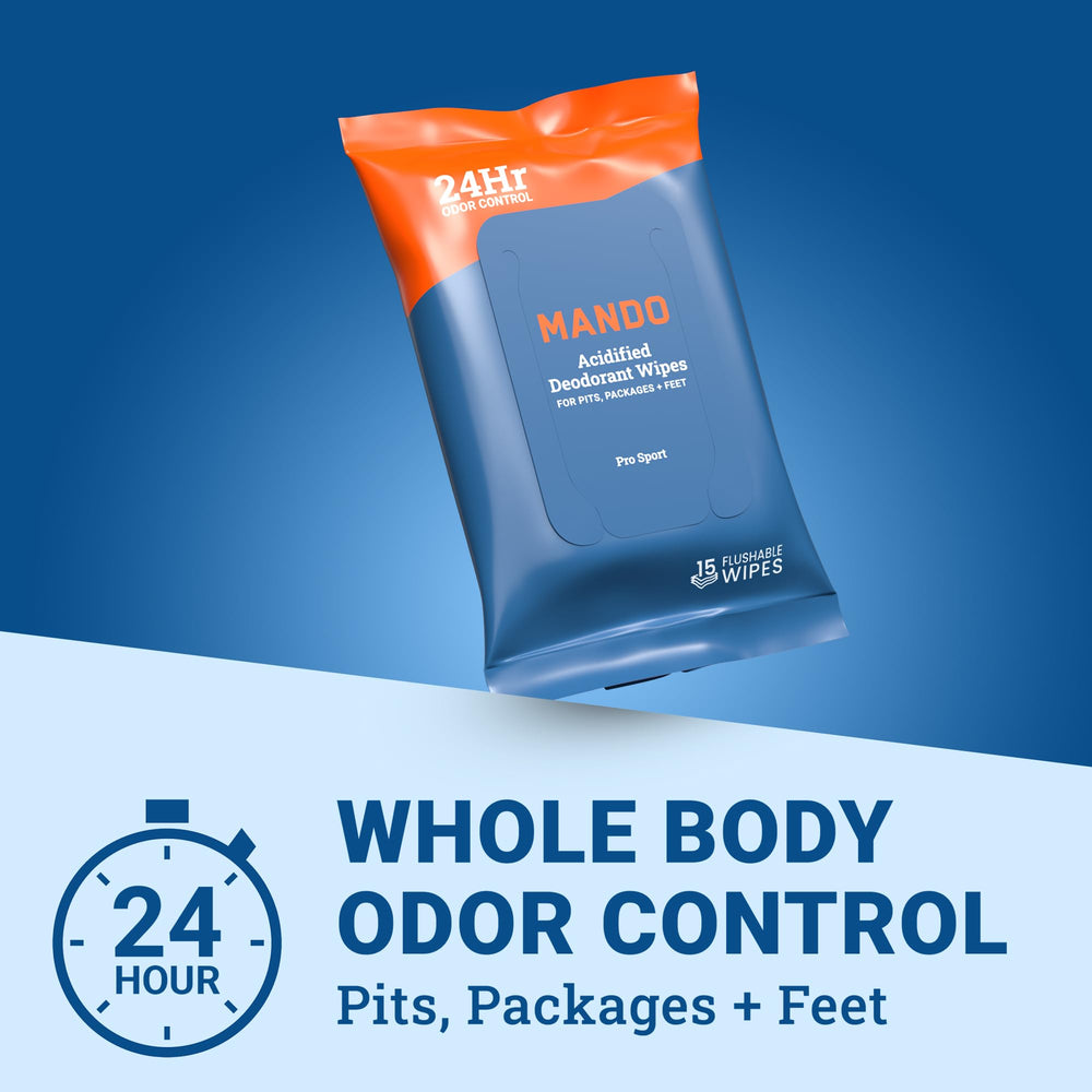 Mando Deodorant Wipes open pack close-up, convenient refresh on the go.