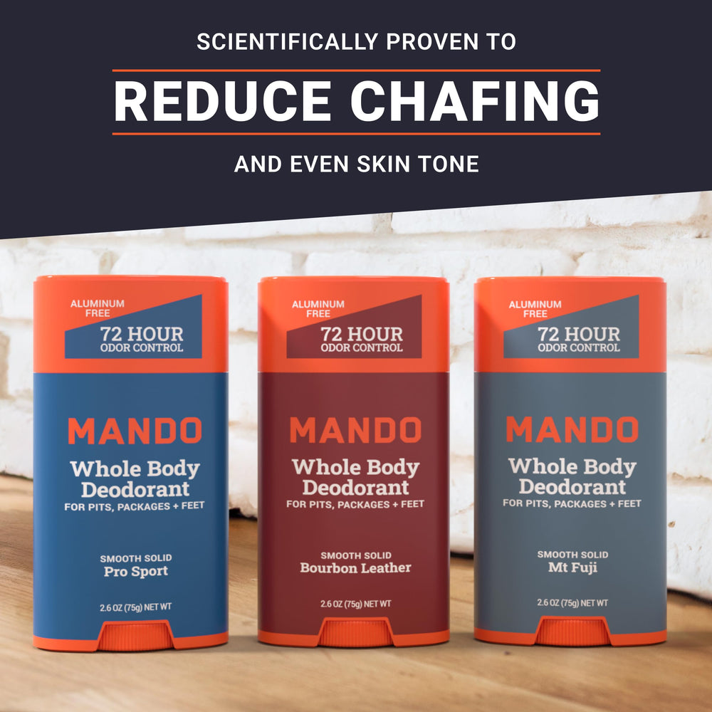 Mando label emphasizes dye- and paraben-free formula for skin safety.