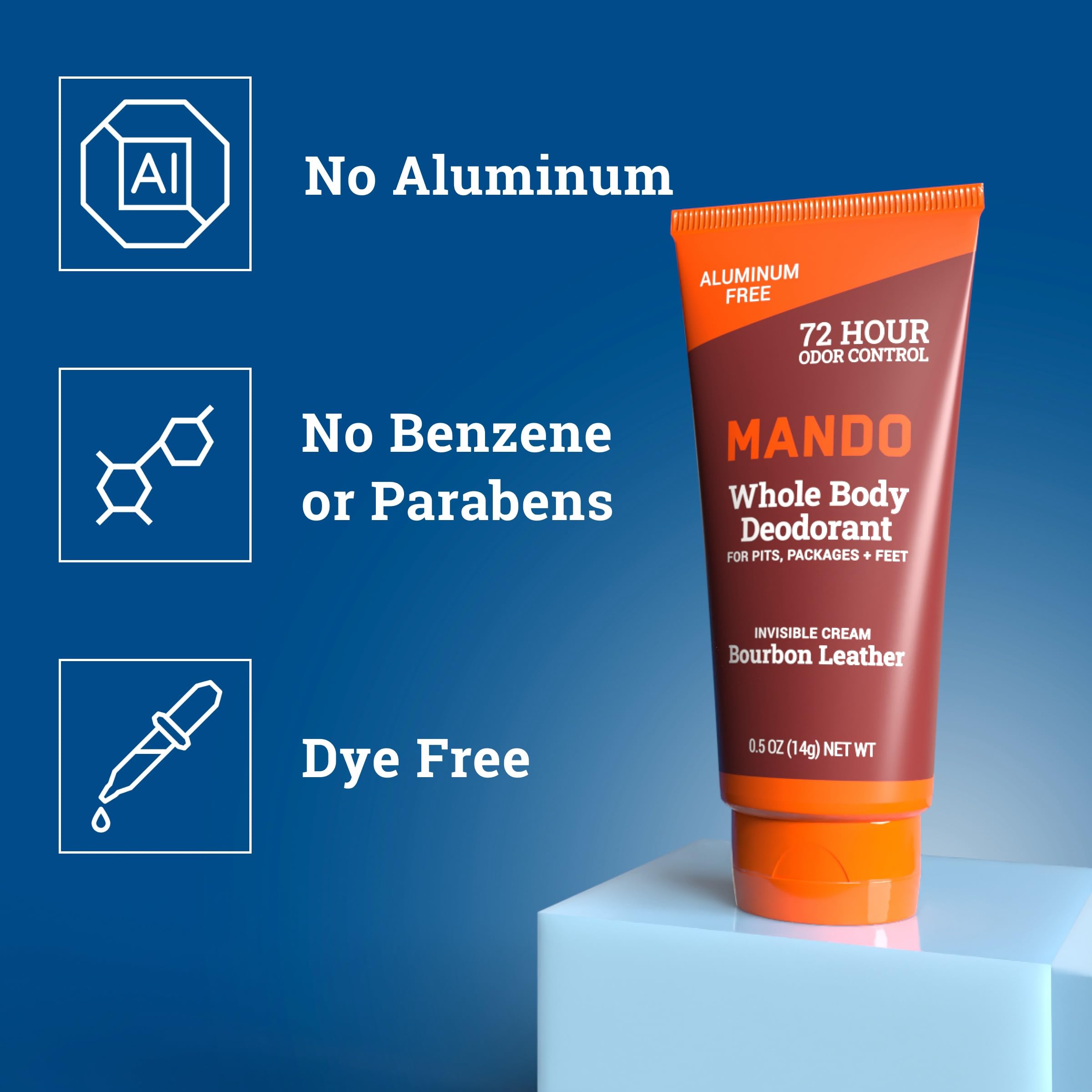 Mando invisible cream tube close-up highlighting skin-safe, aluminum-free formula.