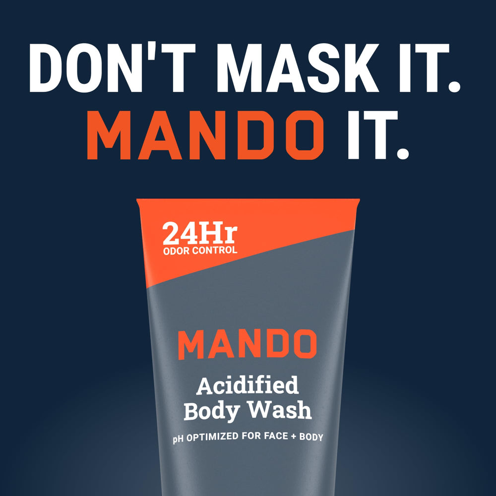 8.5oz Mando Odor Shield Body Wash label with Mt Fuji travel-friendly size