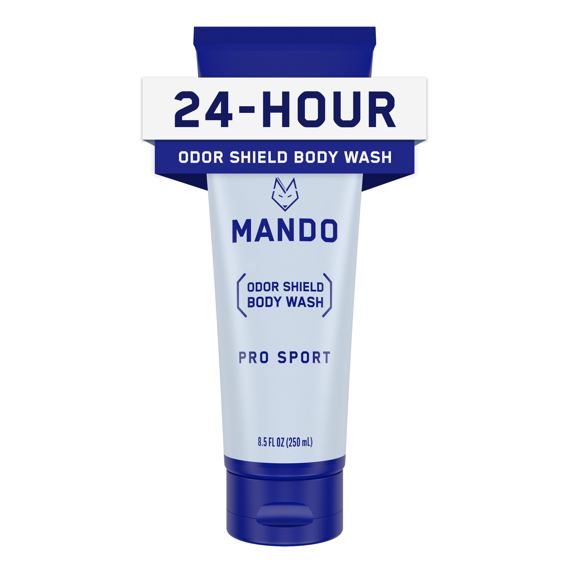Mando Odor Shield Body Wash bottle showcases design for daily odor defense