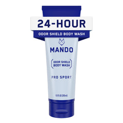 Mando Odor Shield Body Wash bottle showcases design for daily odor defense