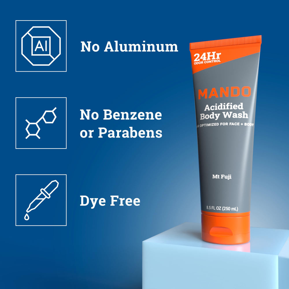 Front label of Mando Odor Shield Body Wash highlighting SLS-free formula