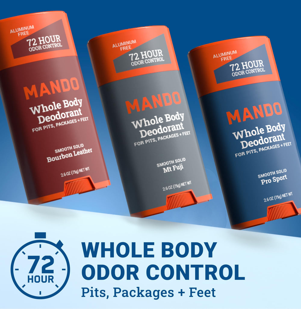 Pack of 3 Mando deodorants boxed for home, gym, and travel convenience.