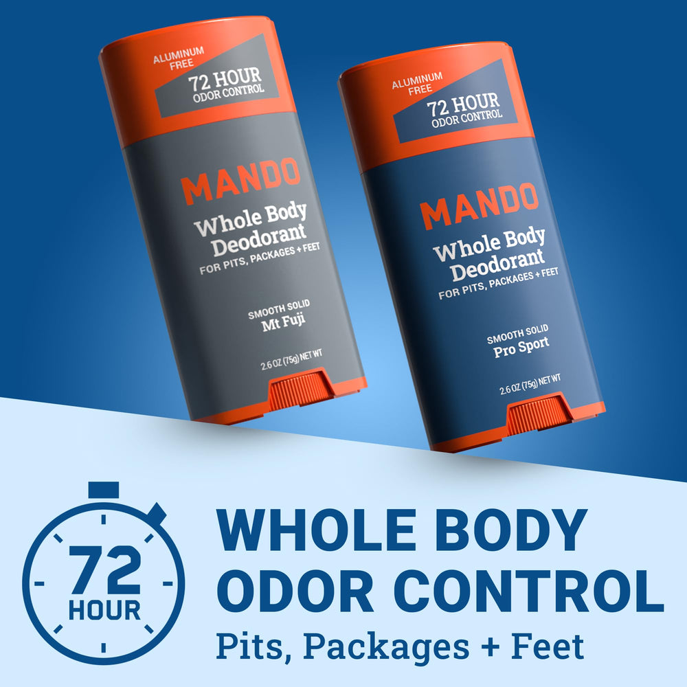 Mando Pro Sport bottle close-up highlights skin-safe, baking soda-free deodorant for active use.