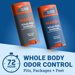 Mando Pro Sport bottle close-up highlights skin-safe, baking soda-free deodorant for active use.