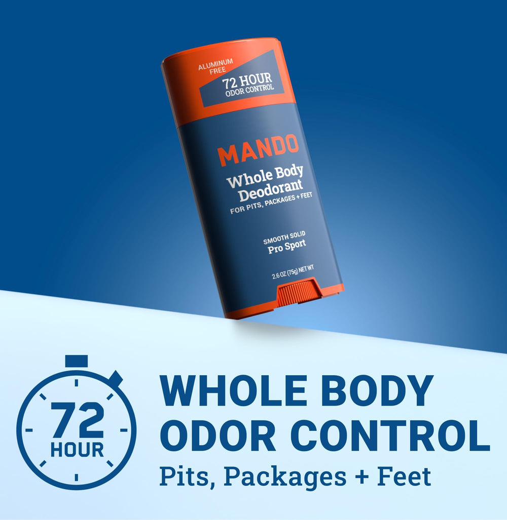 Mando Pro Sport packaging box highlighting aluminum-free formula and 72-hour odor protection
