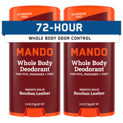 Mando Bourbon Leather solid stick packaging, compact and ready for on-the-go odor control.
