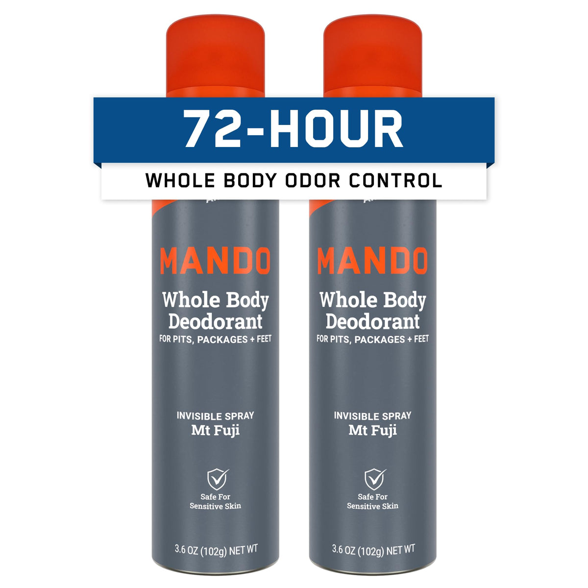 Mando whole-body deodorant spray bottle shows all-day odor control for active men.