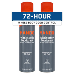 Mando whole-body deodorant spray bottle shows all-day odor control for active men.
