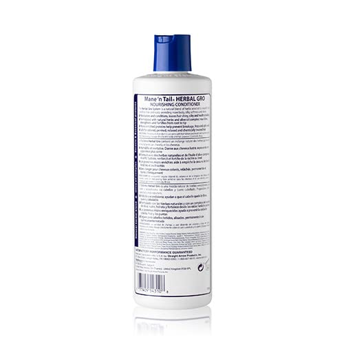 Mane 'n Tail Herbal Gro olive oil close-up emphasizes root-to-tip fortification.