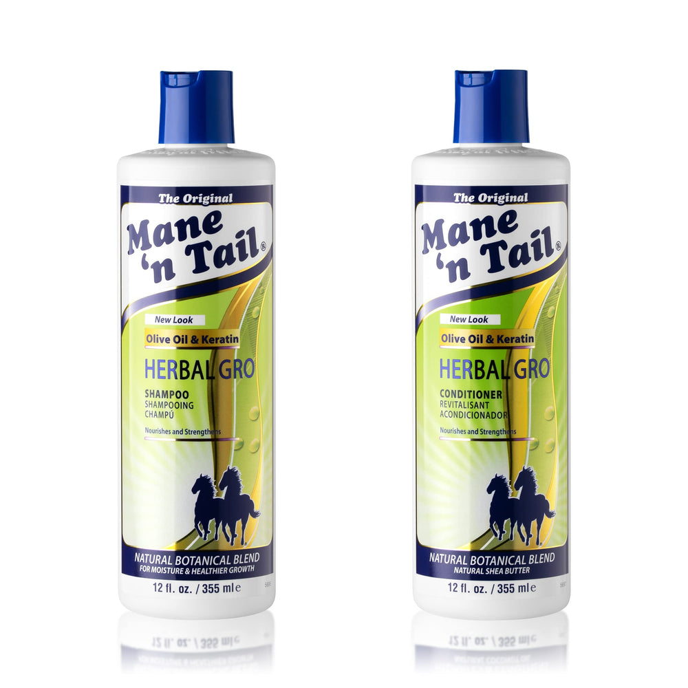 Mane 'n Tail Herbal Gro Shampoo bottle highlights olive oil complex for nourished, smoother hair.